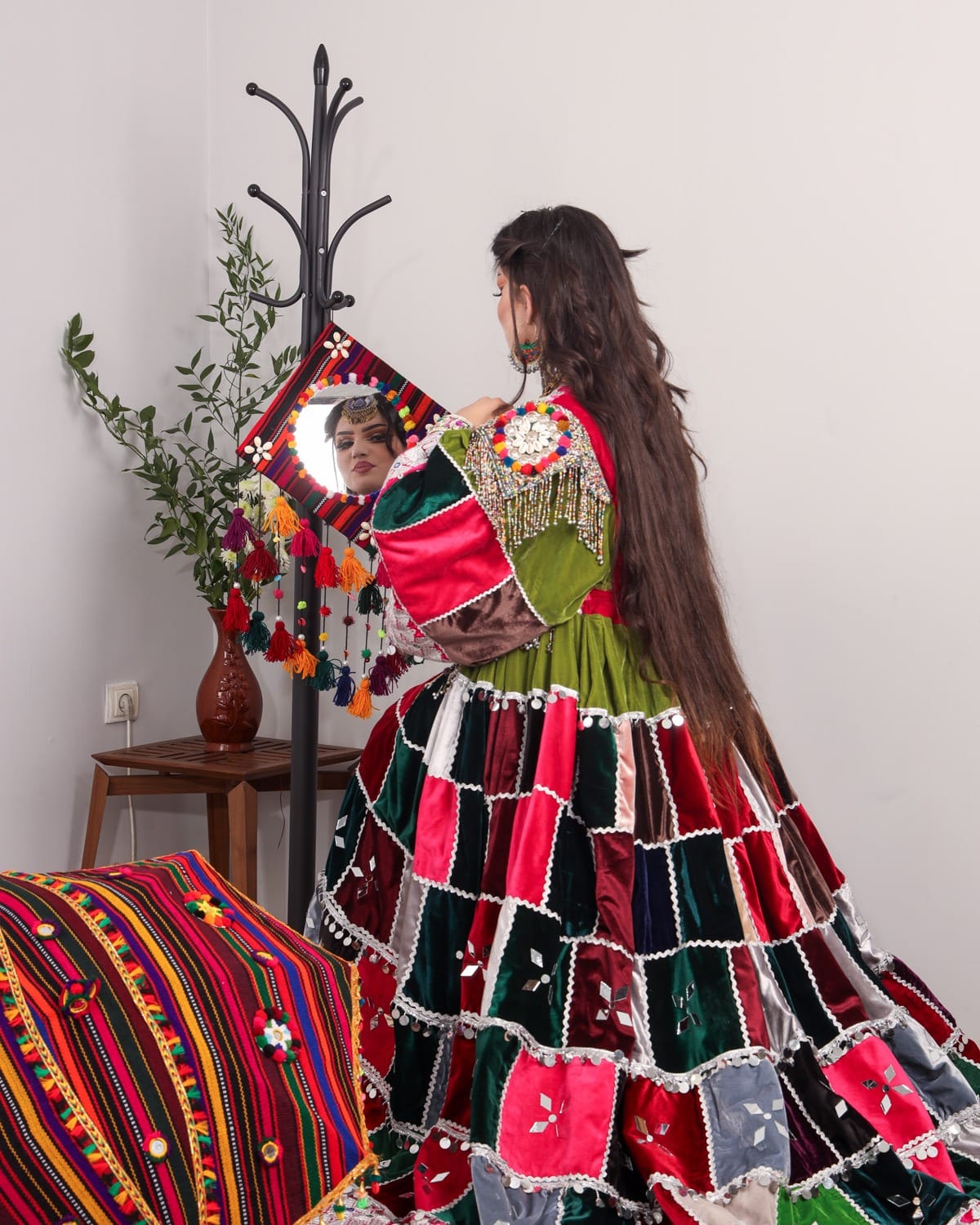 Colorful Afghan Velvet Dress – Hand-Embroidered Patchwork for Special Occasions