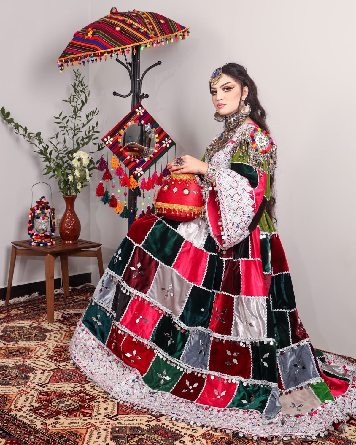 Colorful Afghan Velvet Dress – Hand-Embroidered Patchwork for Special Occasions