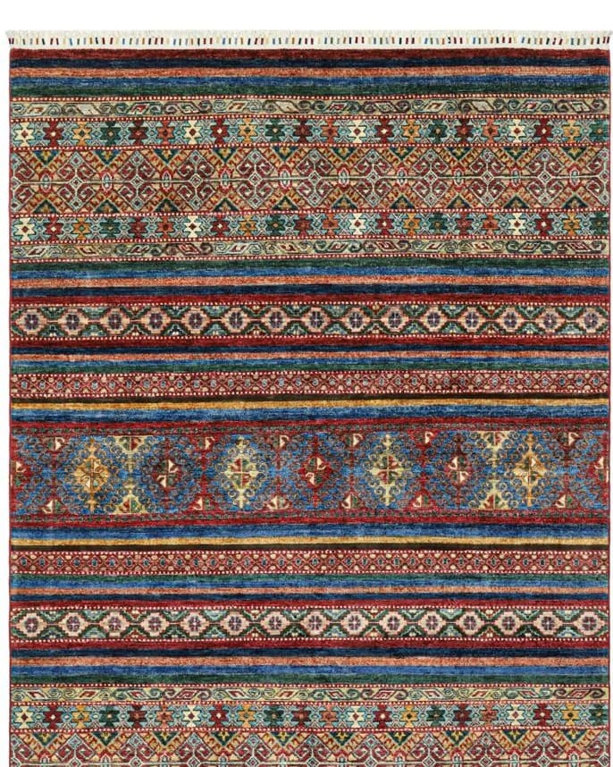 Handmade Afghani Wool Carpet – Colorful Geometric Stripe Rug