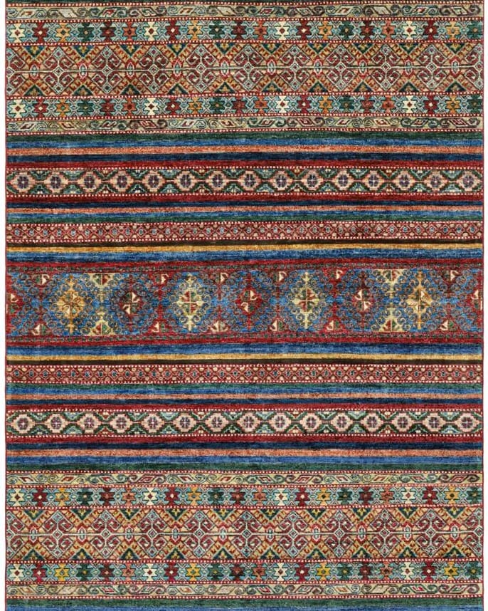 Handmade Afghani Wool Carpet – Colorful Geometric Stripe Rug