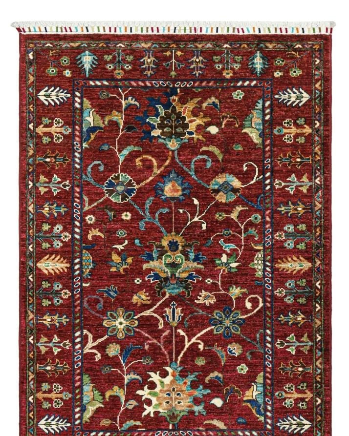 Handmade Afghani Wool Carpet – Red Floral Rug with Blue and Yellow Accents