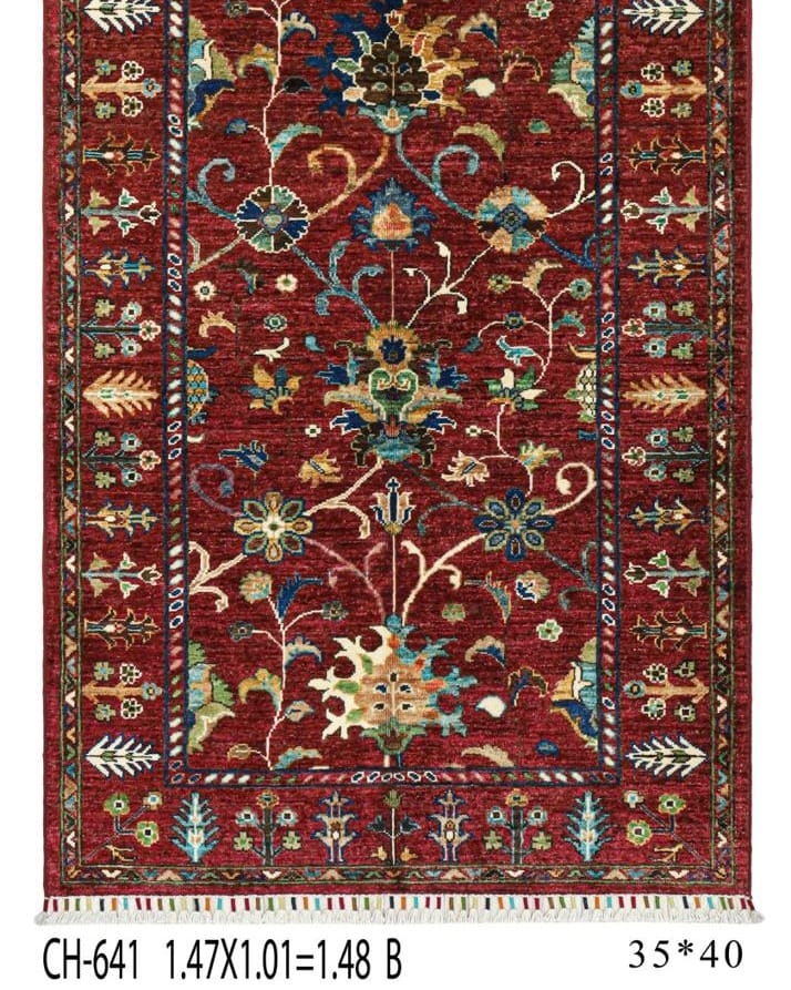 Handmade Afghani Wool Carpet – Red Floral Rug with Blue and Yellow Accents