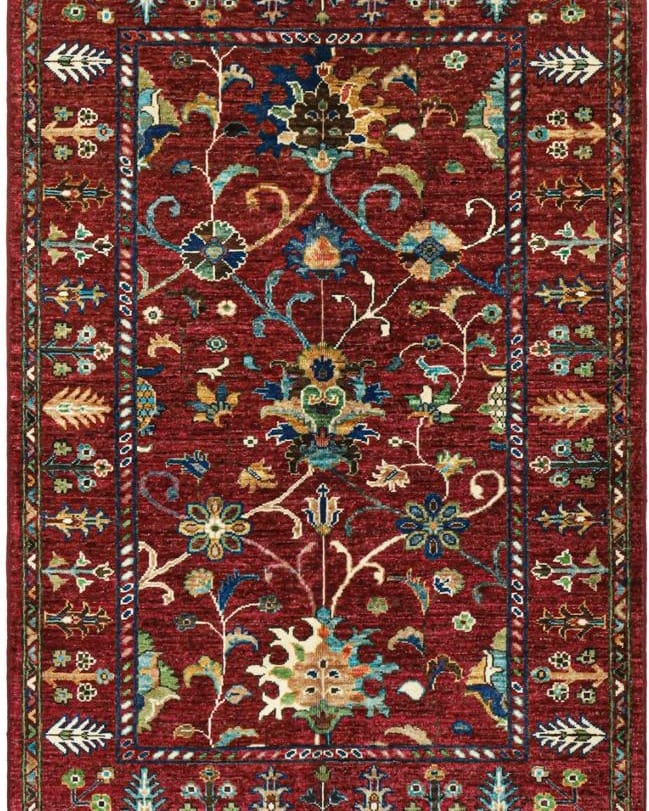 Handmade Afghani Wool Carpet – Red Floral Rug with Blue and Yellow Accents