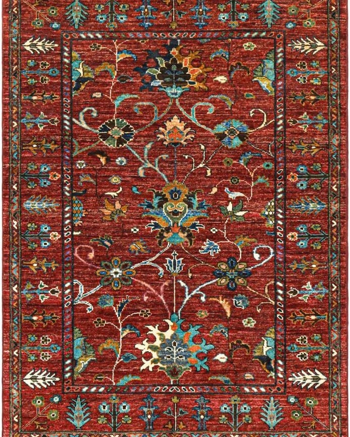 Handmade Afghani Wool Carpet – Red Floral Geometric Rug