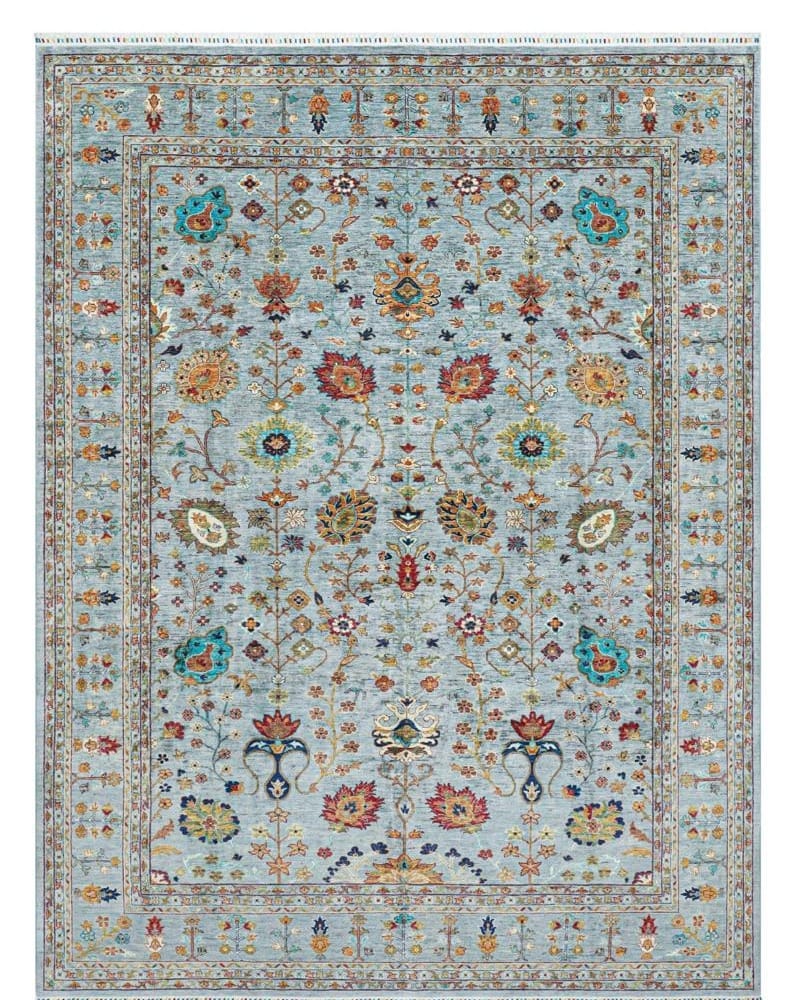 Handmade Afghani Wool Carpet – Light Blue Floral Rug