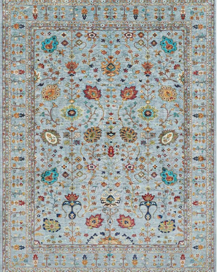 Handmade Afghani Wool Carpet – Light Blue Floral Rug
