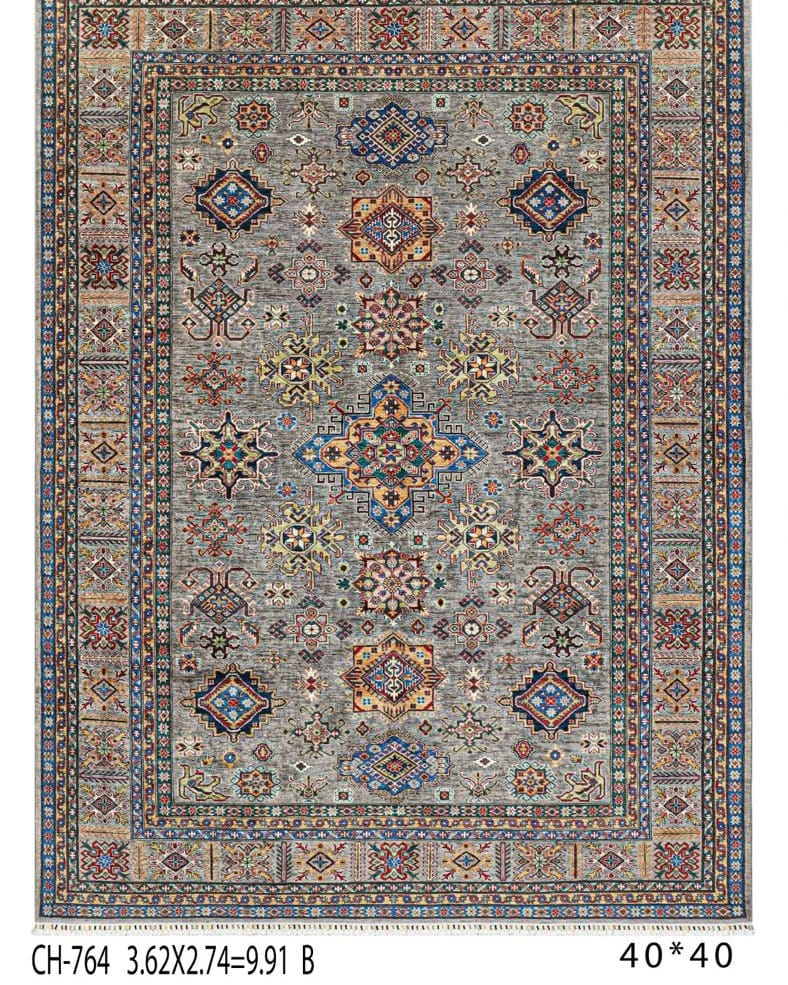 Handmade Afghani Wool Carpet – Floral Rug in Grey & Red