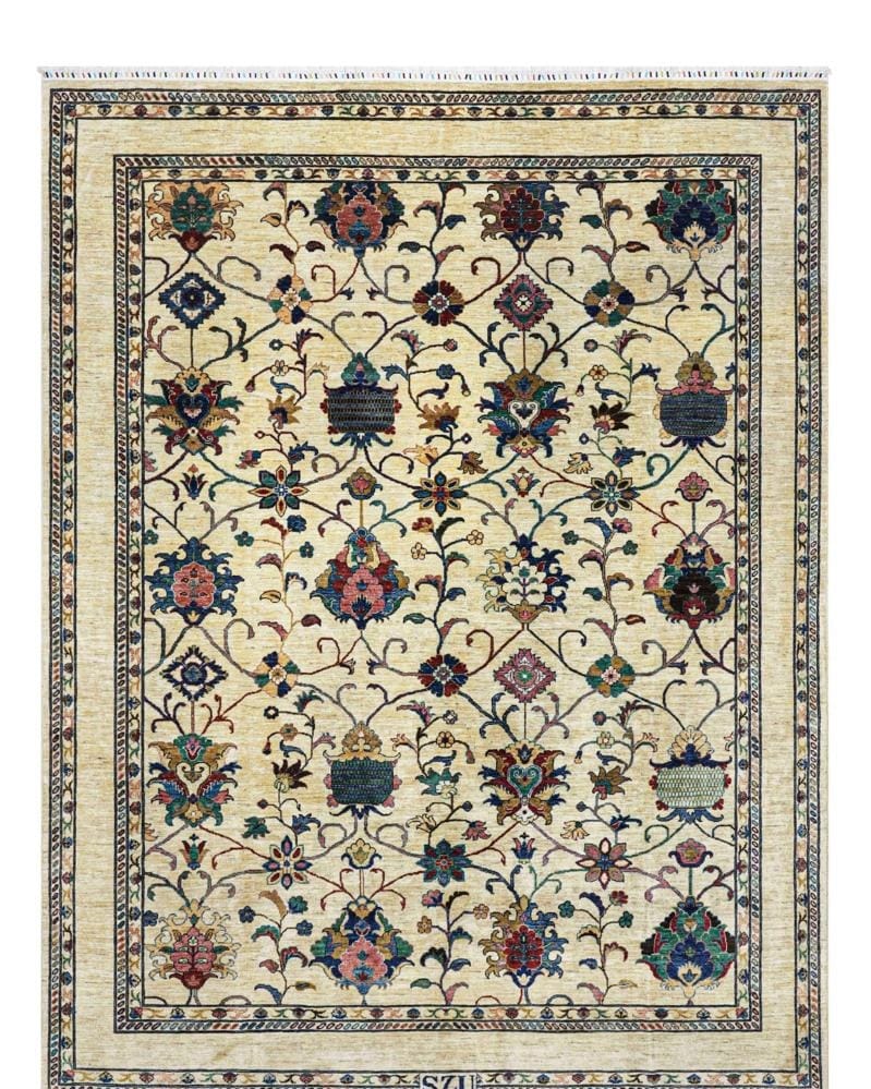 Handmade Afghani Wool Carpet – Floral Cream Rug with Vibrant Colors