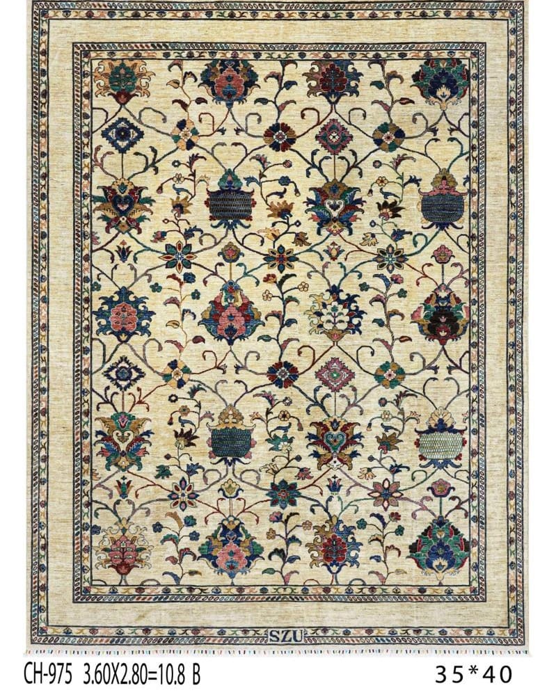 Handmade Afghani Wool Carpet – Floral Cream Rug with Vibrant Colors