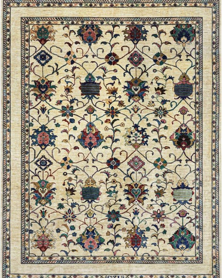 Handmade Afghani Wool Carpet – Floral Cream Rug with Vibrant Colors