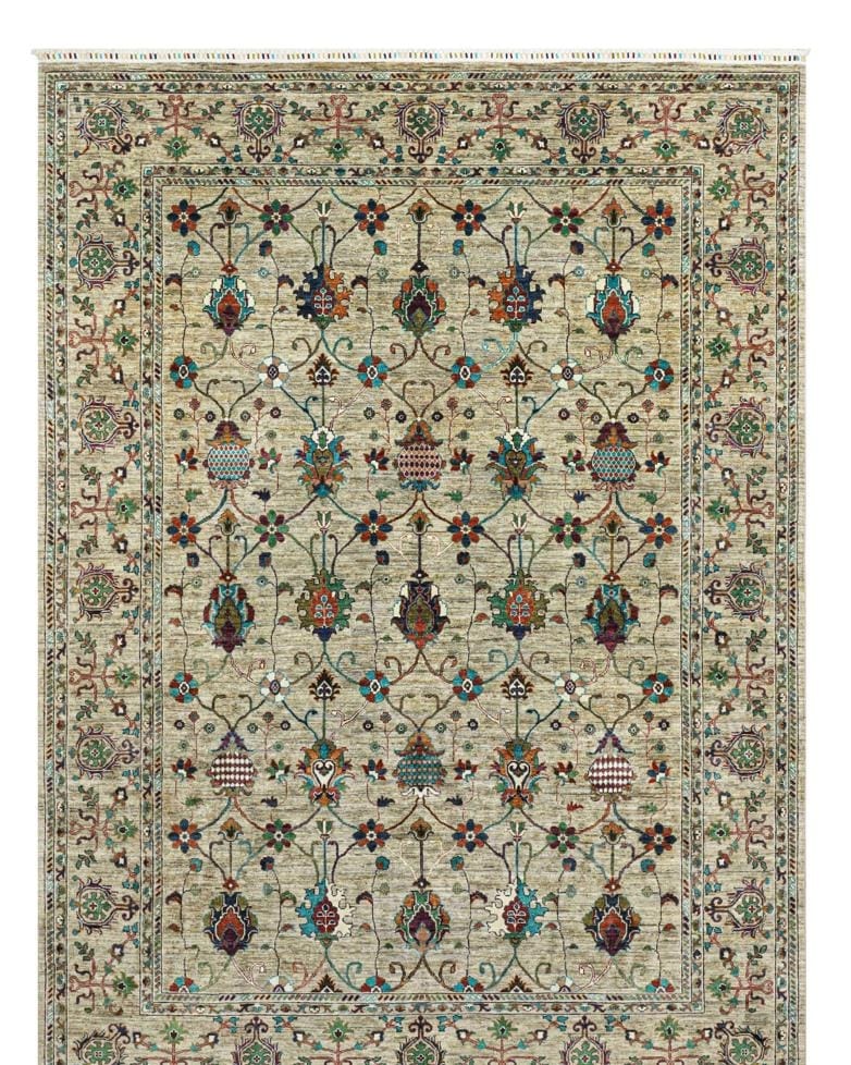 Handmade Afghani Wool Carpet – Floral Geometric Rug in Beige