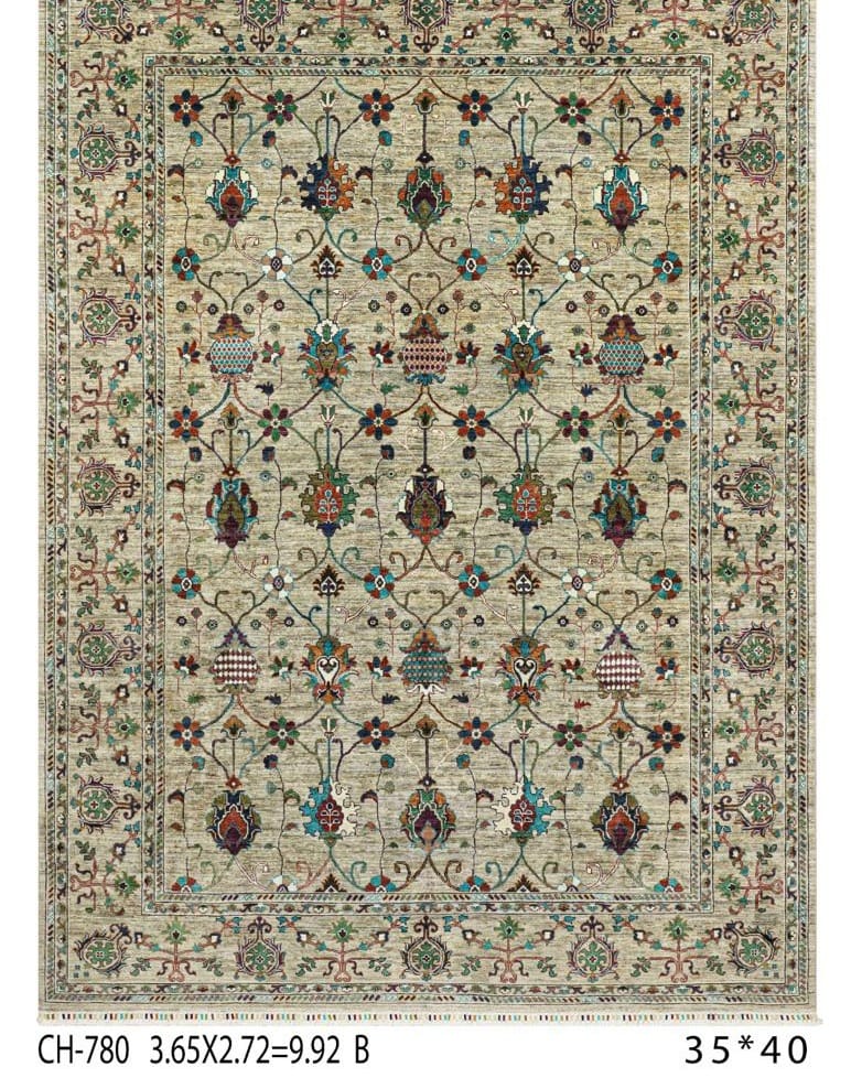 Handmade Afghani Wool Carpet – Floral Geometric Rug in Beige