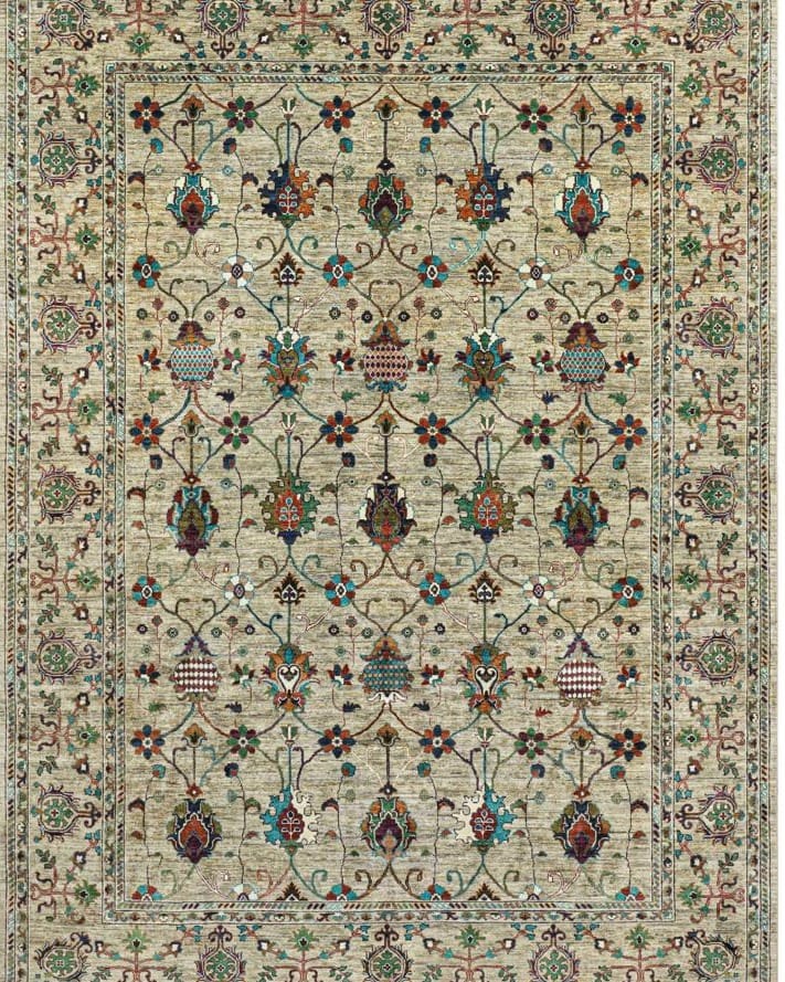 Handmade Afghani Wool Carpet – Floral Geometric Rug in Beige