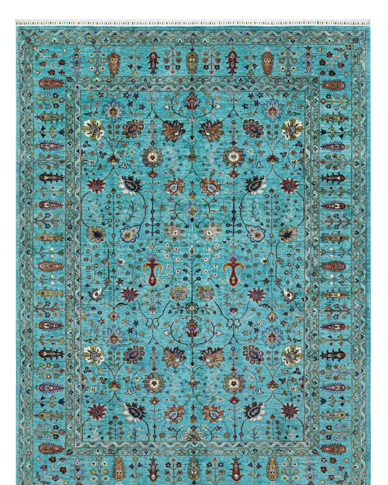 Handmade Afghani Wool Carpet – Floral Rug in Turquoise