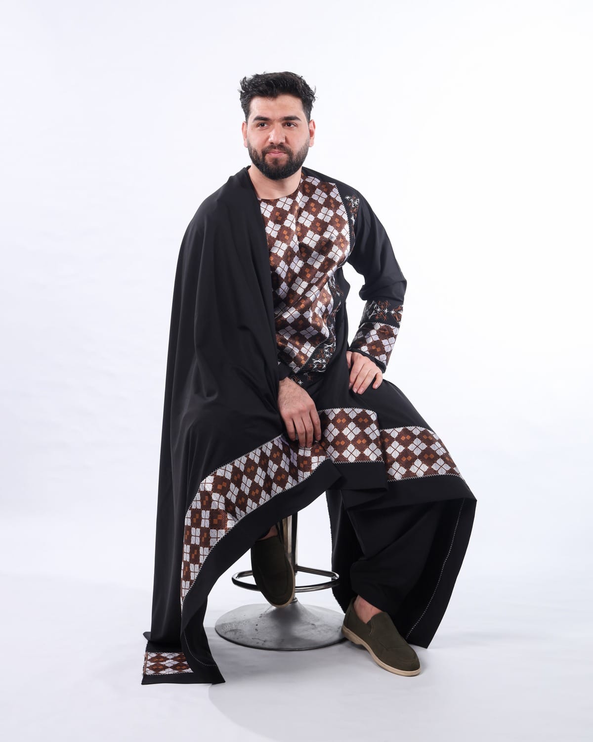 Black Perahan Tunban Afghani Full Set Embroidered Modern Style