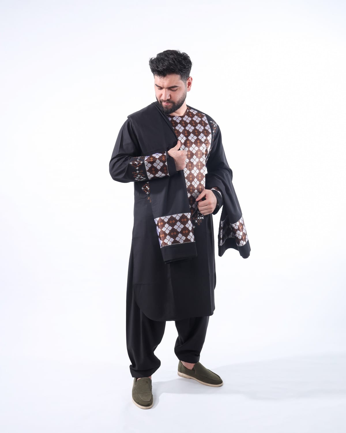 Black Perahan Tunban Afghani Full Set Embroidered Modern Style