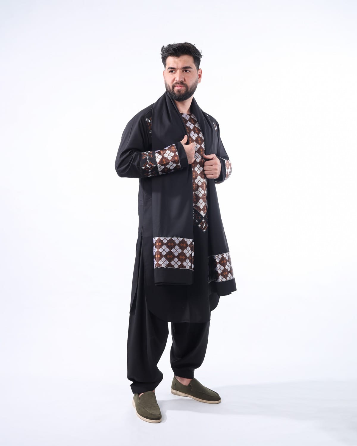 Black Perahan Tunban Afghani Full Set Embroidered Modern Style