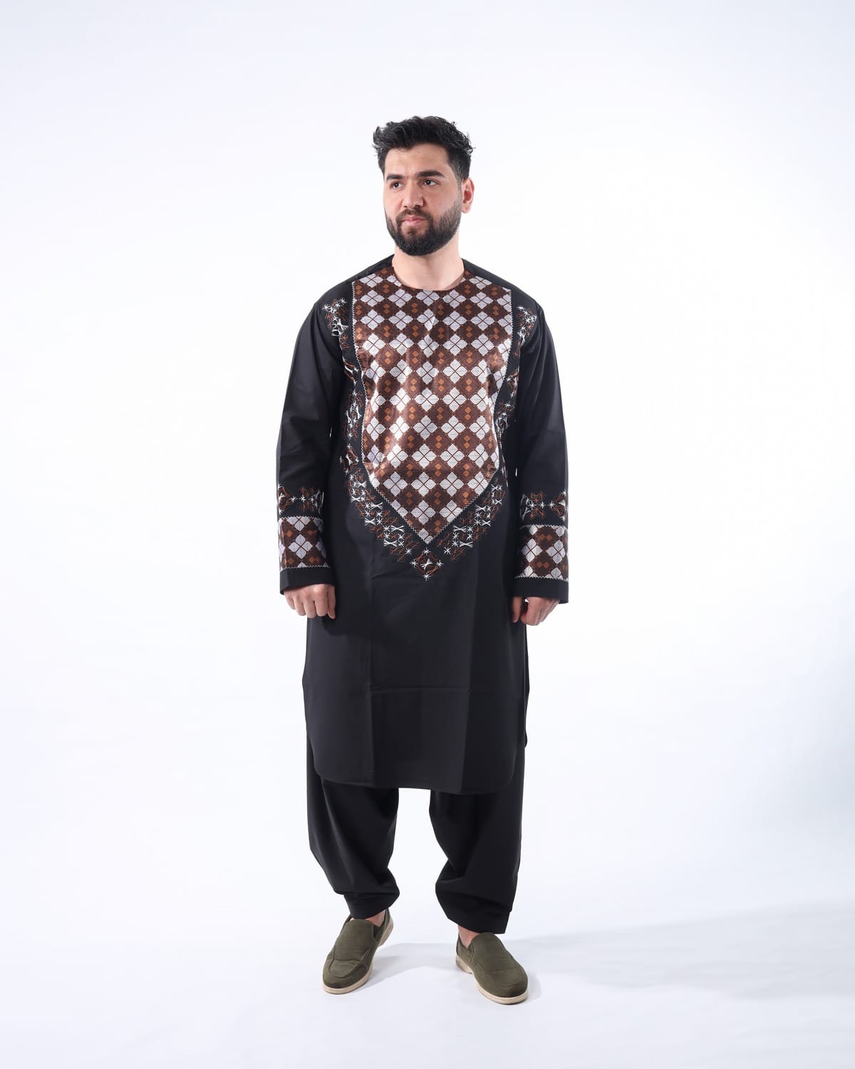 Black Perahan Tunban Afghani Full Set Embroidered Modern Style