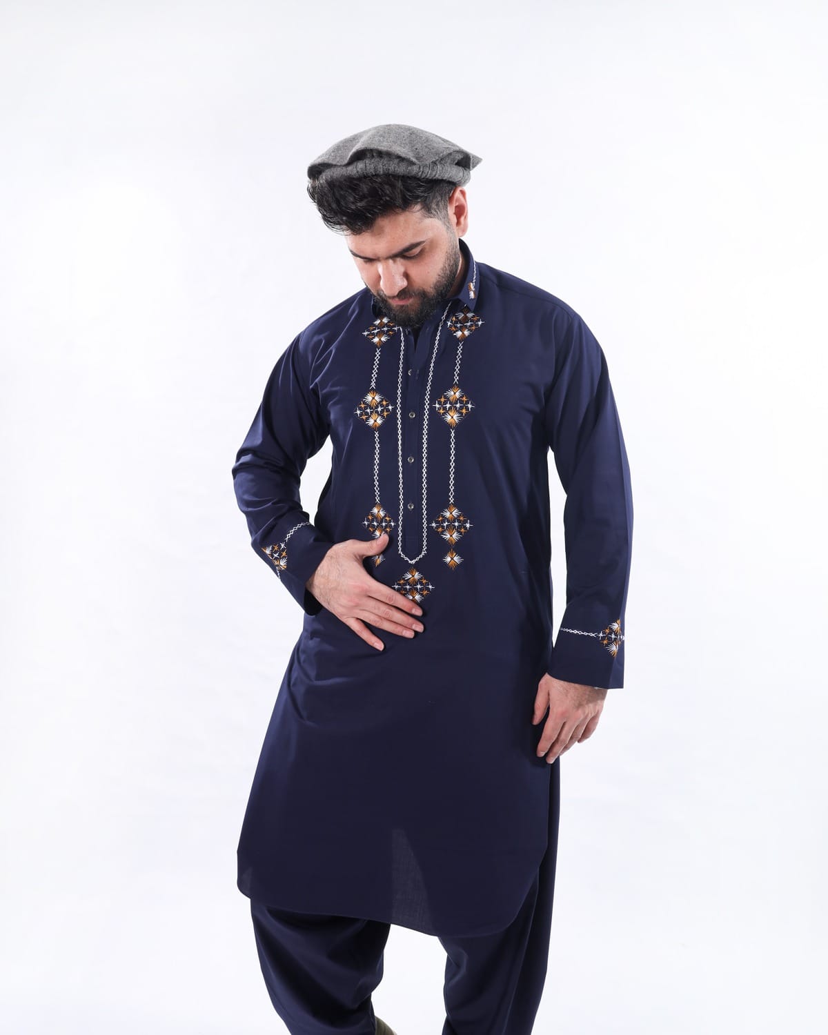 Navy Blue Afghan Men’s Shalwar Kameez with Shawl, Peran Tunban Afghani