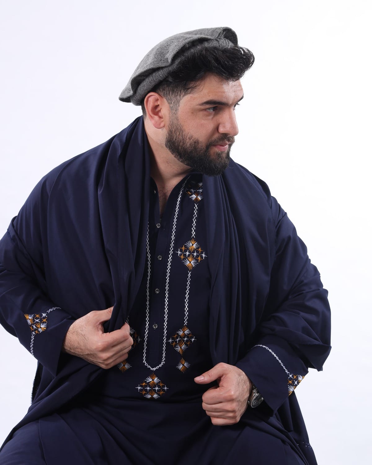 Navy Blue Afghan Men’s Shalwar Kameez with Shawl, Peran Tunban Afghani