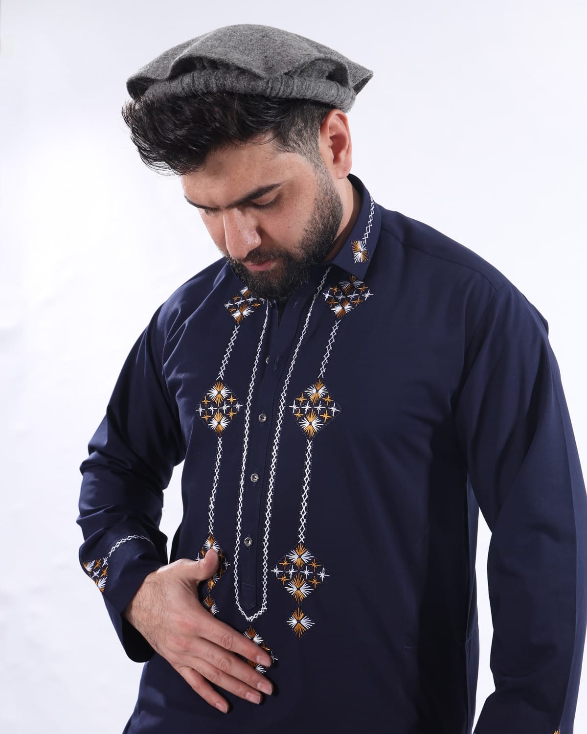 Navy Blue Afghan Men’s Shalwar Kameez with Shawl, Peran Tunban Afghani