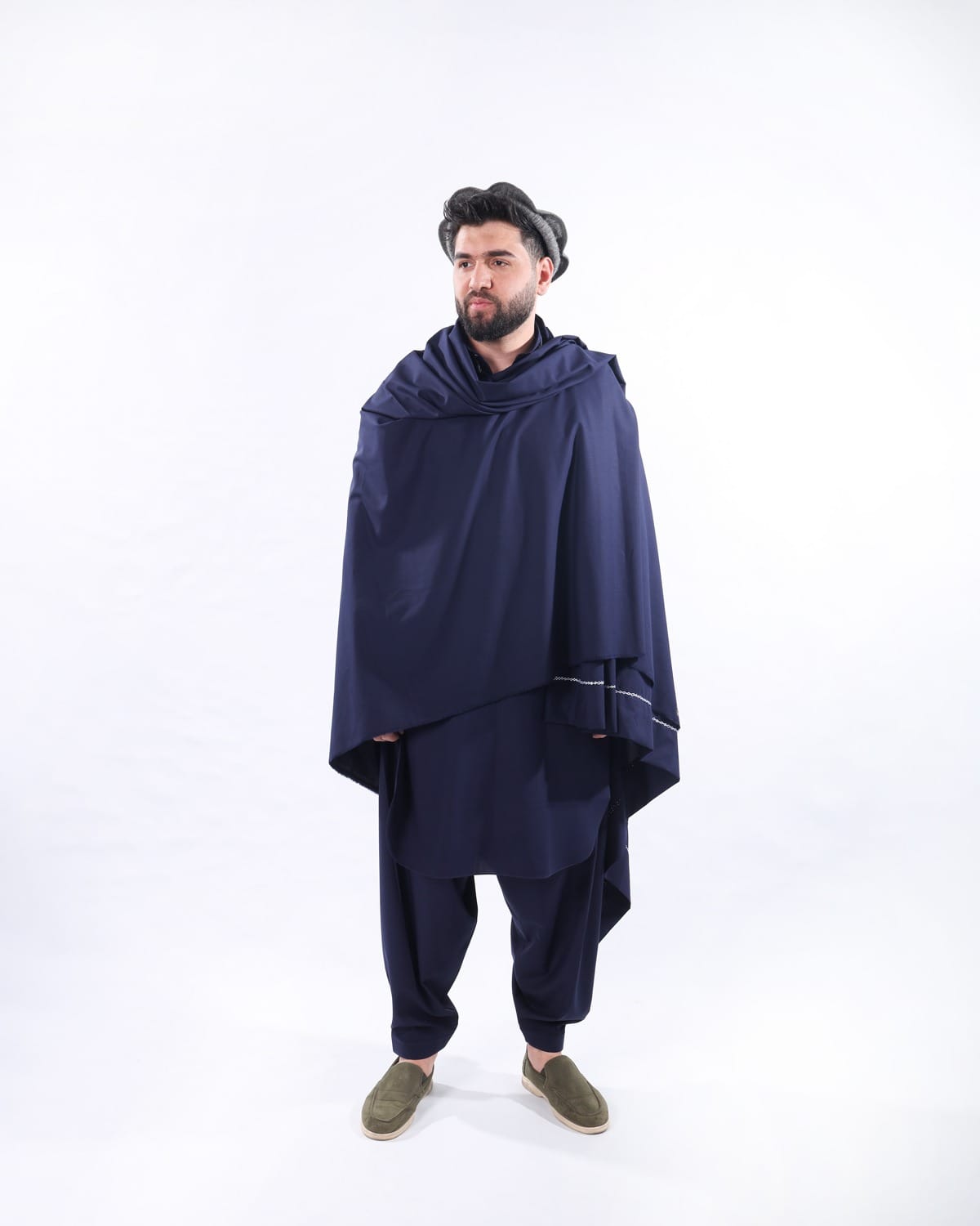 Navy Blue Afghan Men’s Shalwar Kameez with Shawl, Peran Tunban Afghani