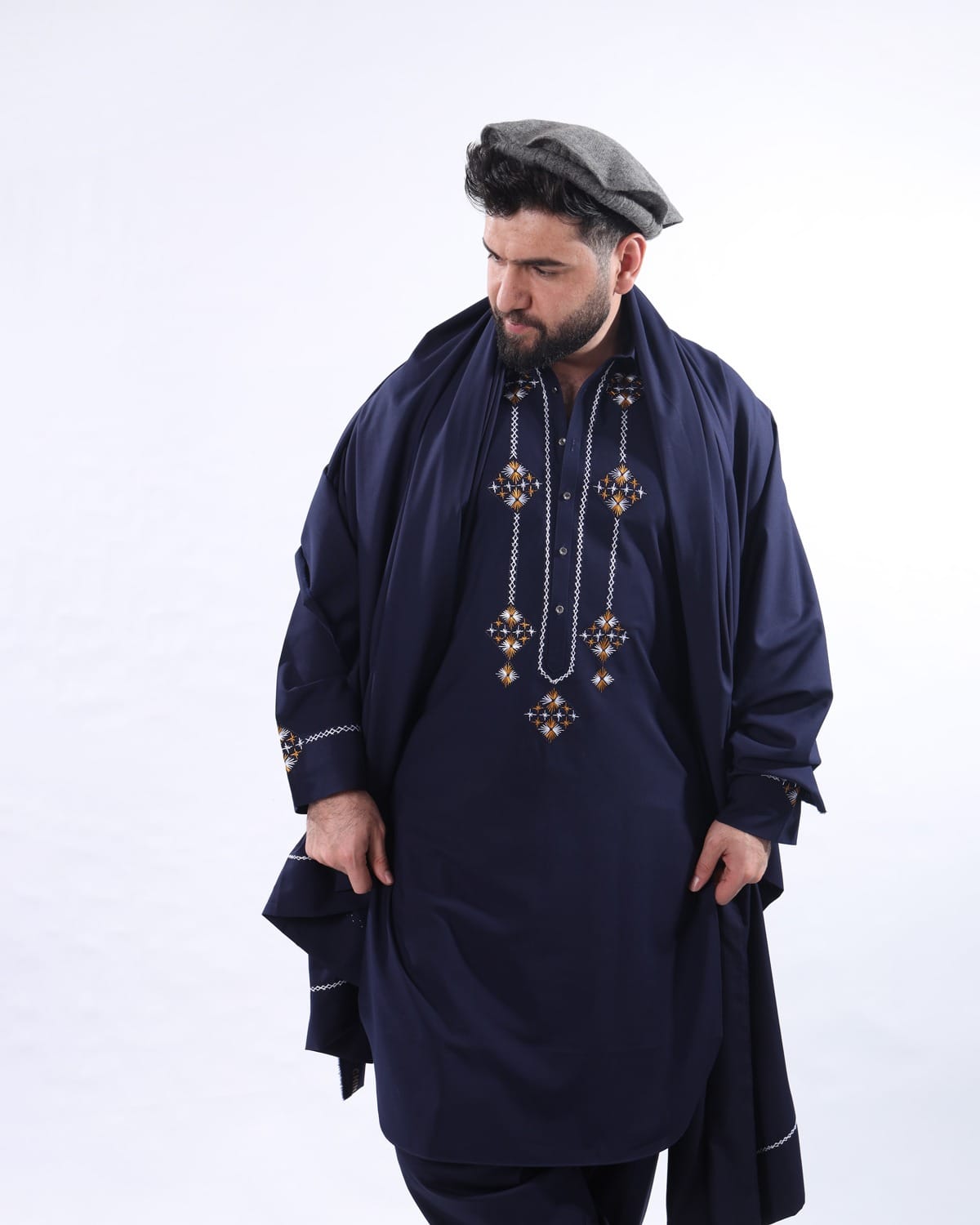 Navy Blue Afghan Men’s Shalwar Kameez with Shawl, Peran Tunban Afghani