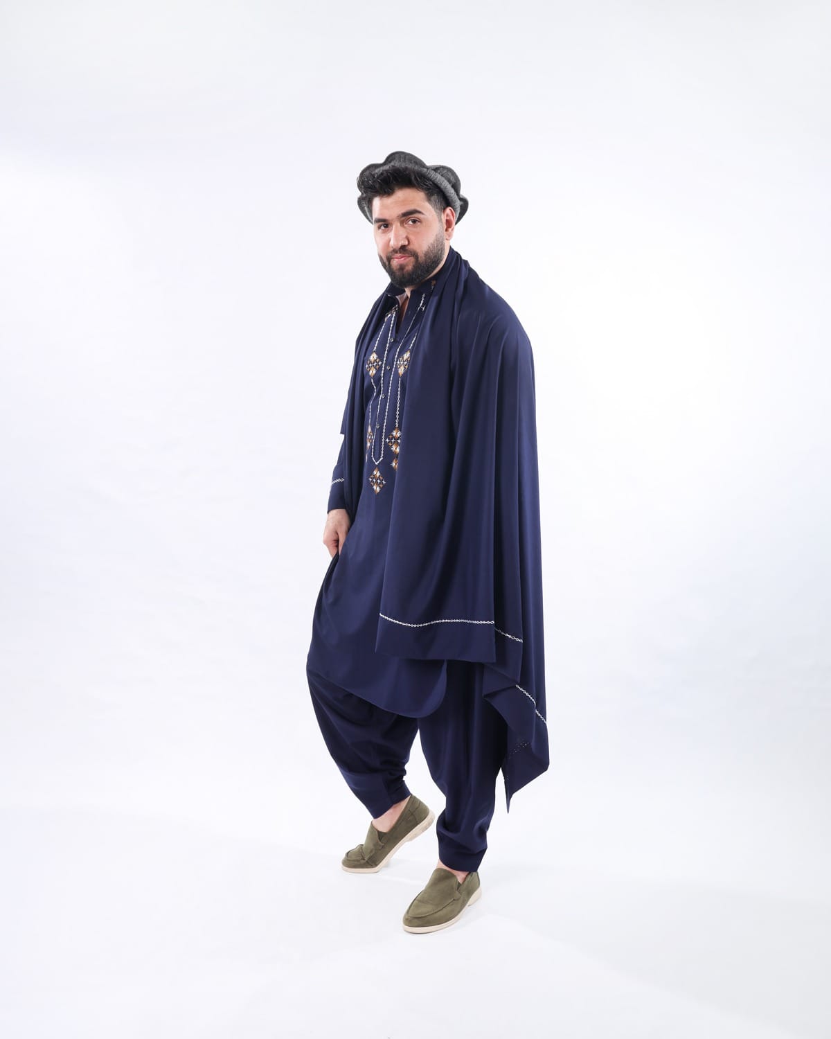 Navy Blue Afghan Men’s Shalwar Kameez with Shawl, Peran Tunban Afghani