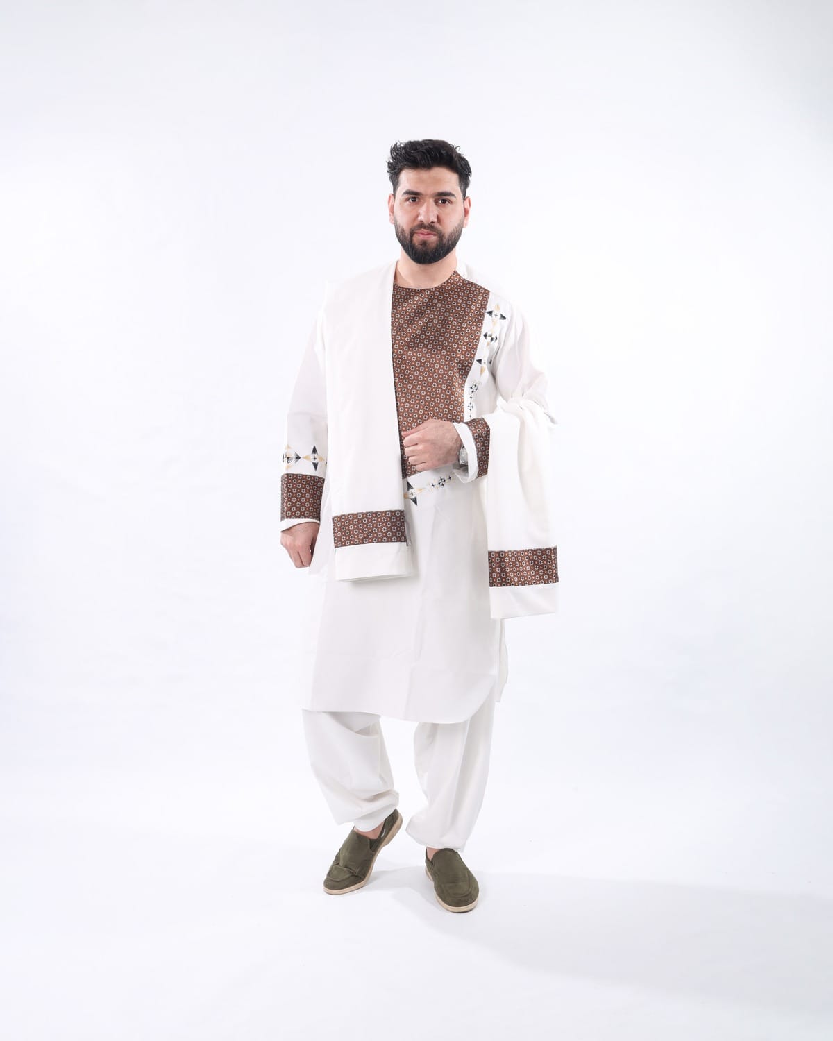 White Afghani Men Clothing with Shawl – Elegant Traditional Wear for Men