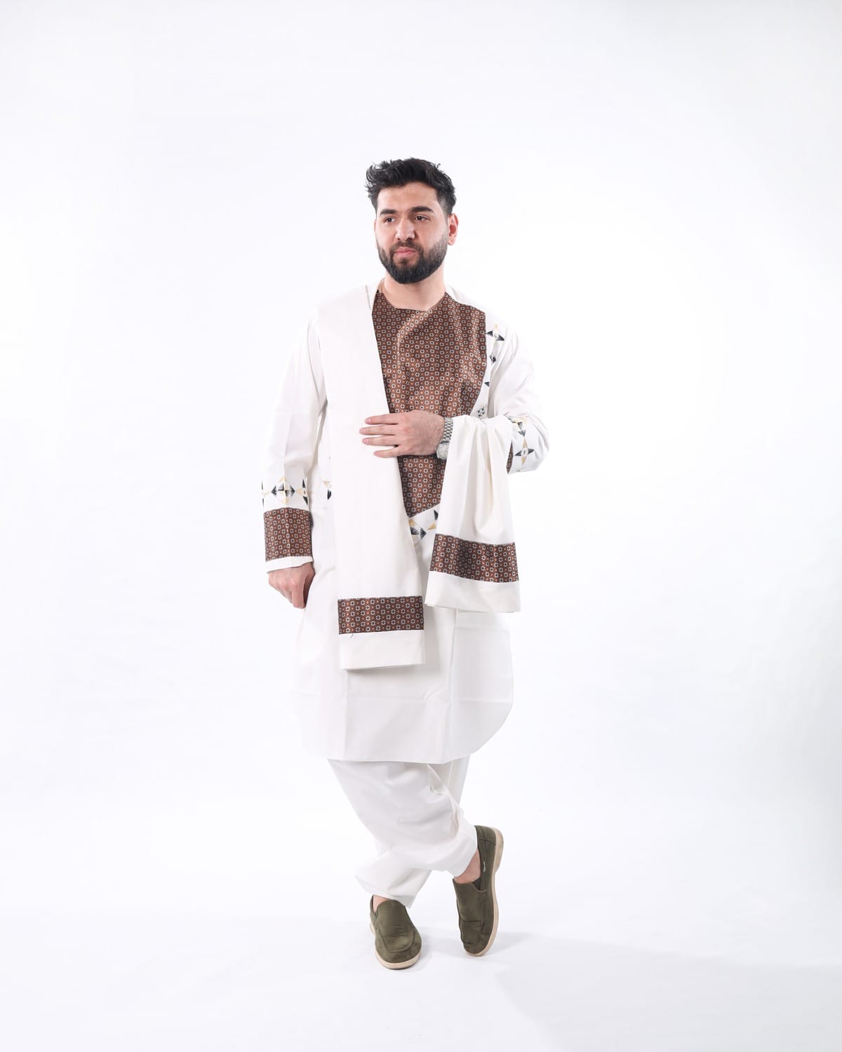 White Afghani Men Clothing with Shawl – Elegant Traditional Wear for Men
