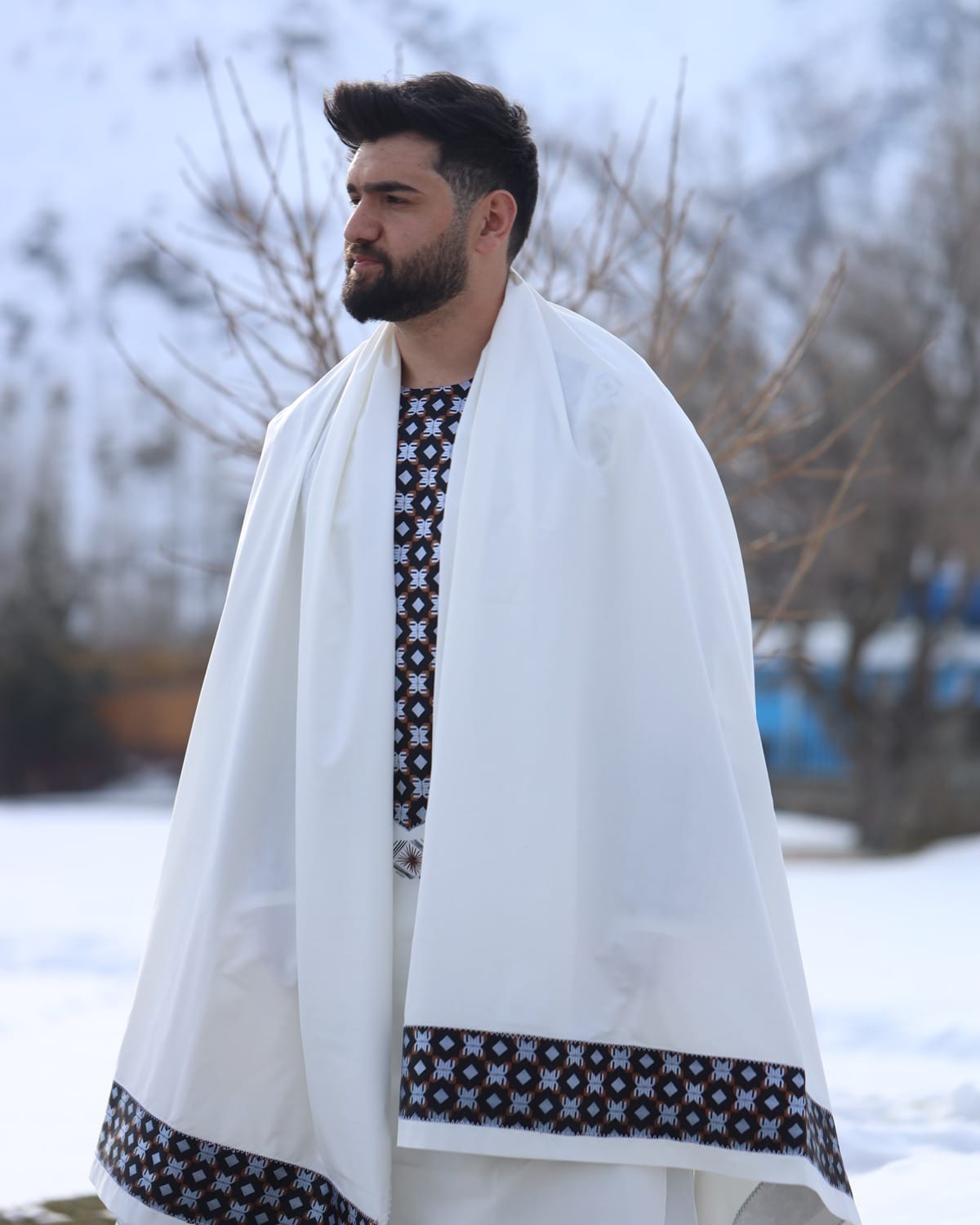Clothes for Men Afghan White Shalwar Kameez with Shawl