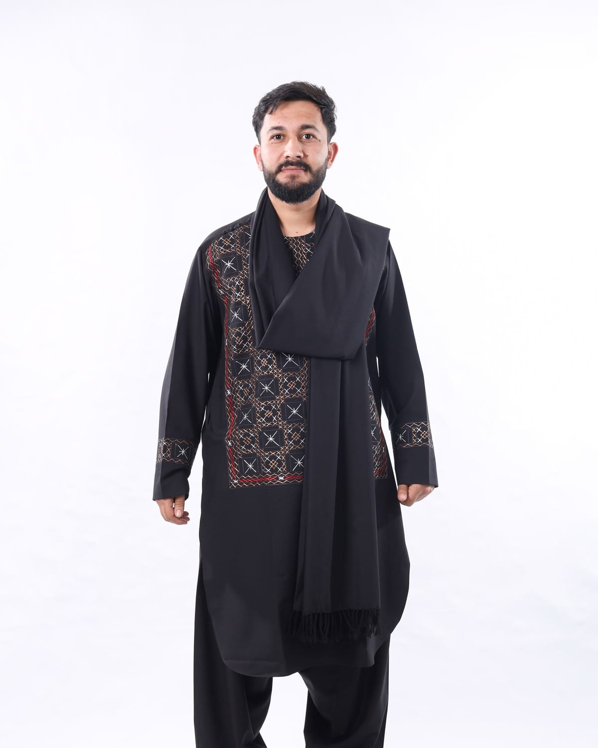 Men’s Shalwar Kameez with Shawl – Black with Intricate Embroidery