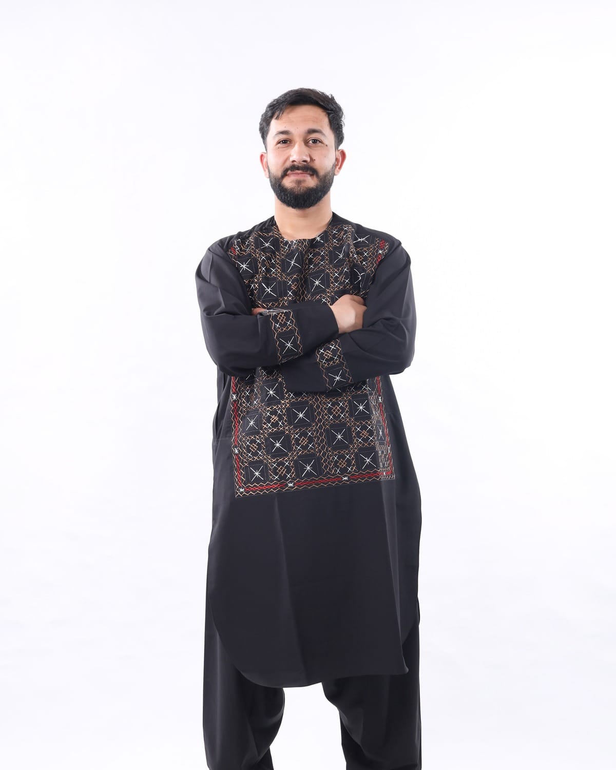 Men’s Shalwar Kameez with Shawl – Black with Intricate Embroidery