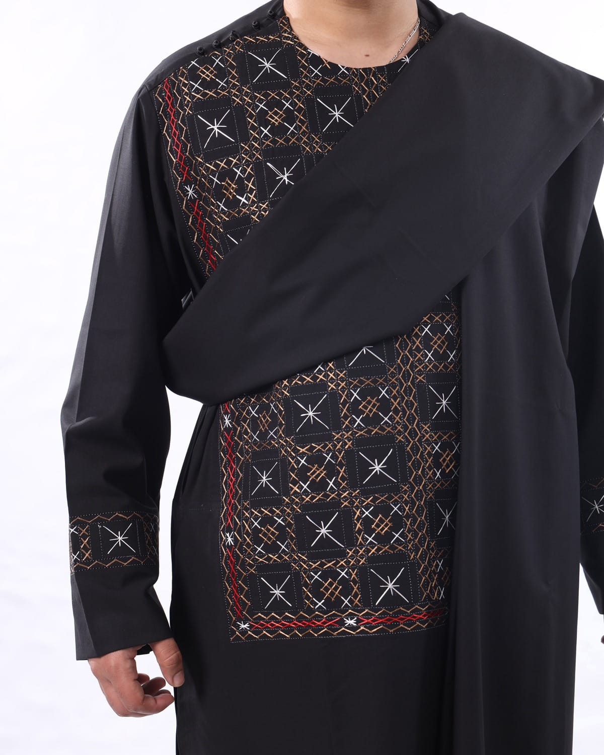 Men’s Shalwar Kameez with Shawl – Black with Intricate Embroidery