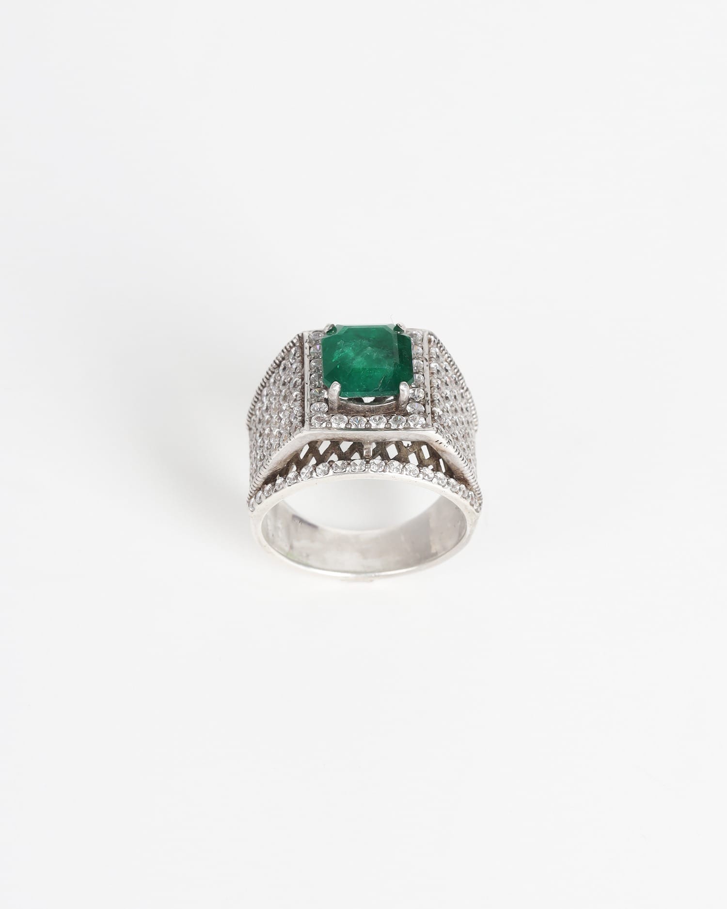 Emerald Ring White Zircon Accents, Silver