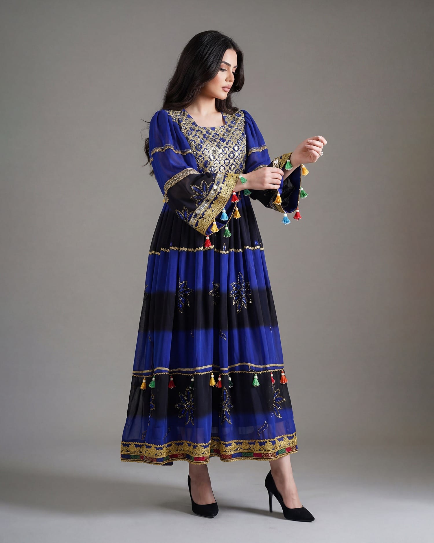 Royal Blue Afghan Gand Dress – Handmade Georgette Embroidered Traditional Outfit for Eid & Weddings