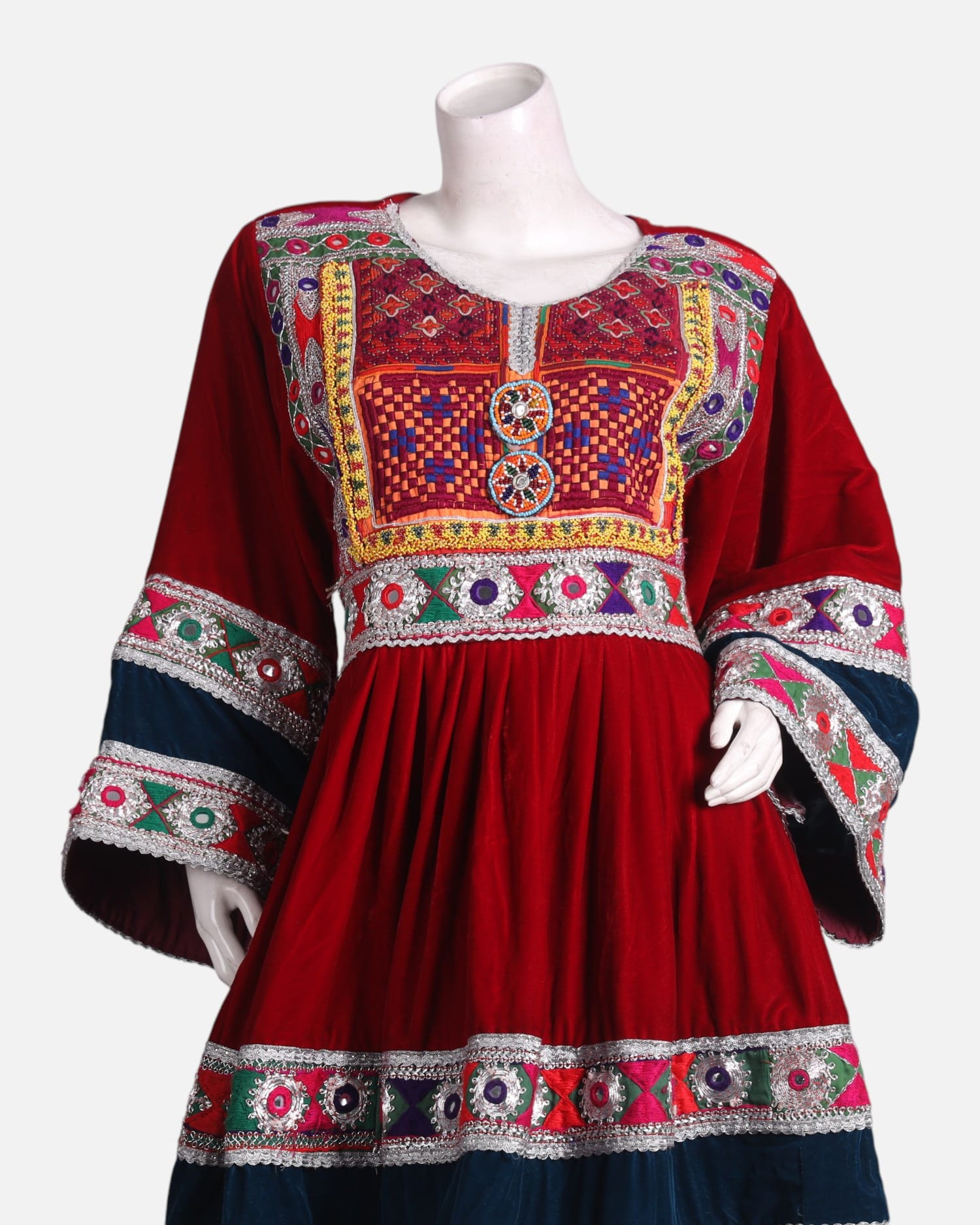 Afghan Gand Dress for Women – Red Velvet Embroidered Traditional Eid Outfit with Dupatta | Aseel