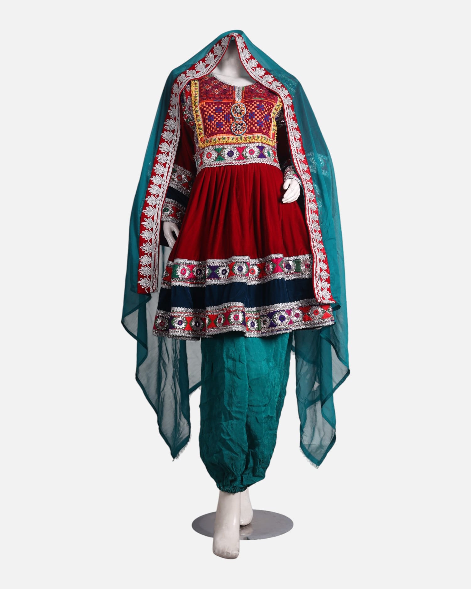 Afghan Gand Dress for Women – Red Velvet Embroidered Traditional Eid Outfit with Dupatta | Aseel