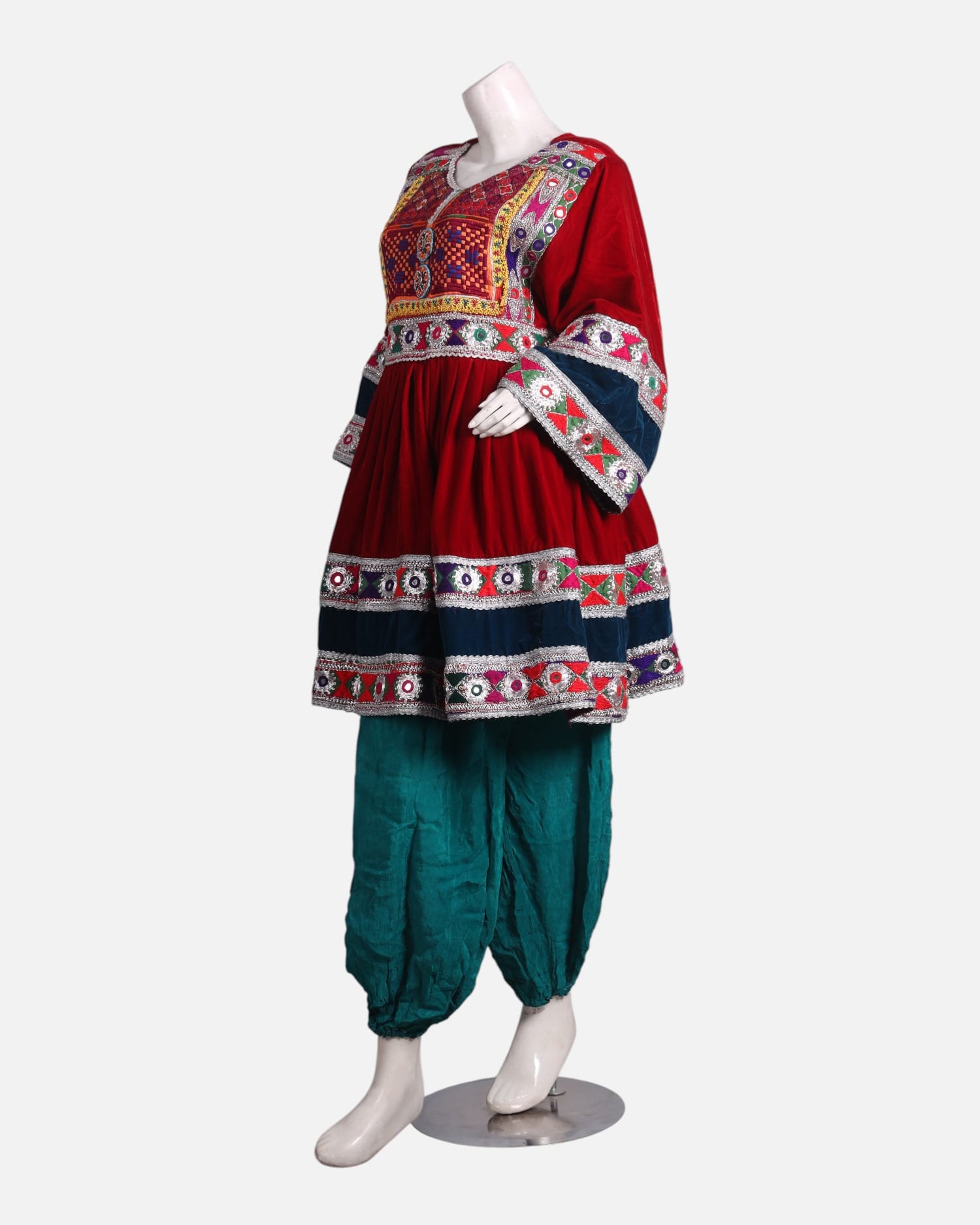 Afghan Gand Dress for Women – Red Velvet Embroidered Traditional Eid Outfit with Dupatta | Aseel