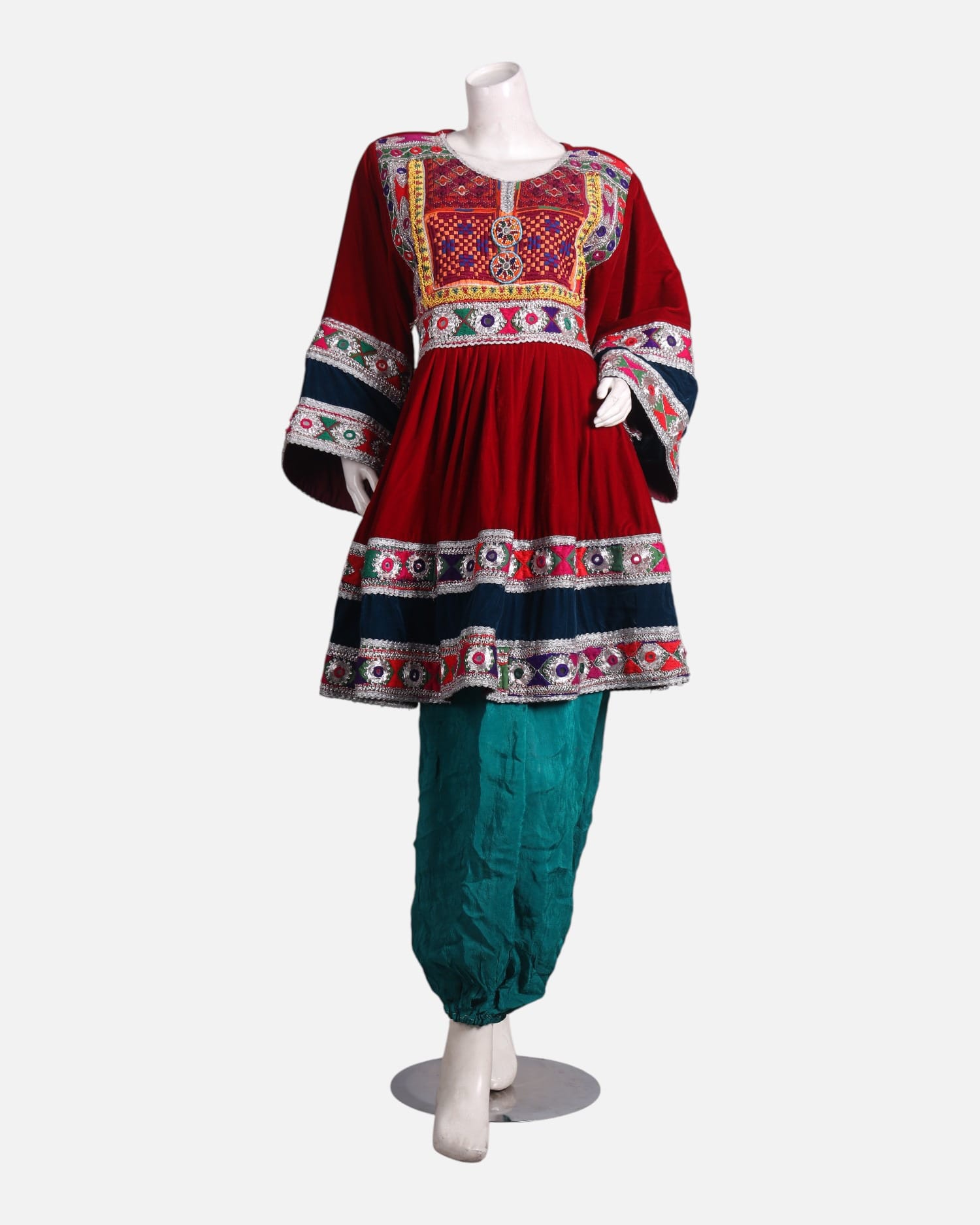 Afghan Gand Dress for Women – Red Velvet Embroidered Traditional Eid Outfit with Dupatta | Aseel
