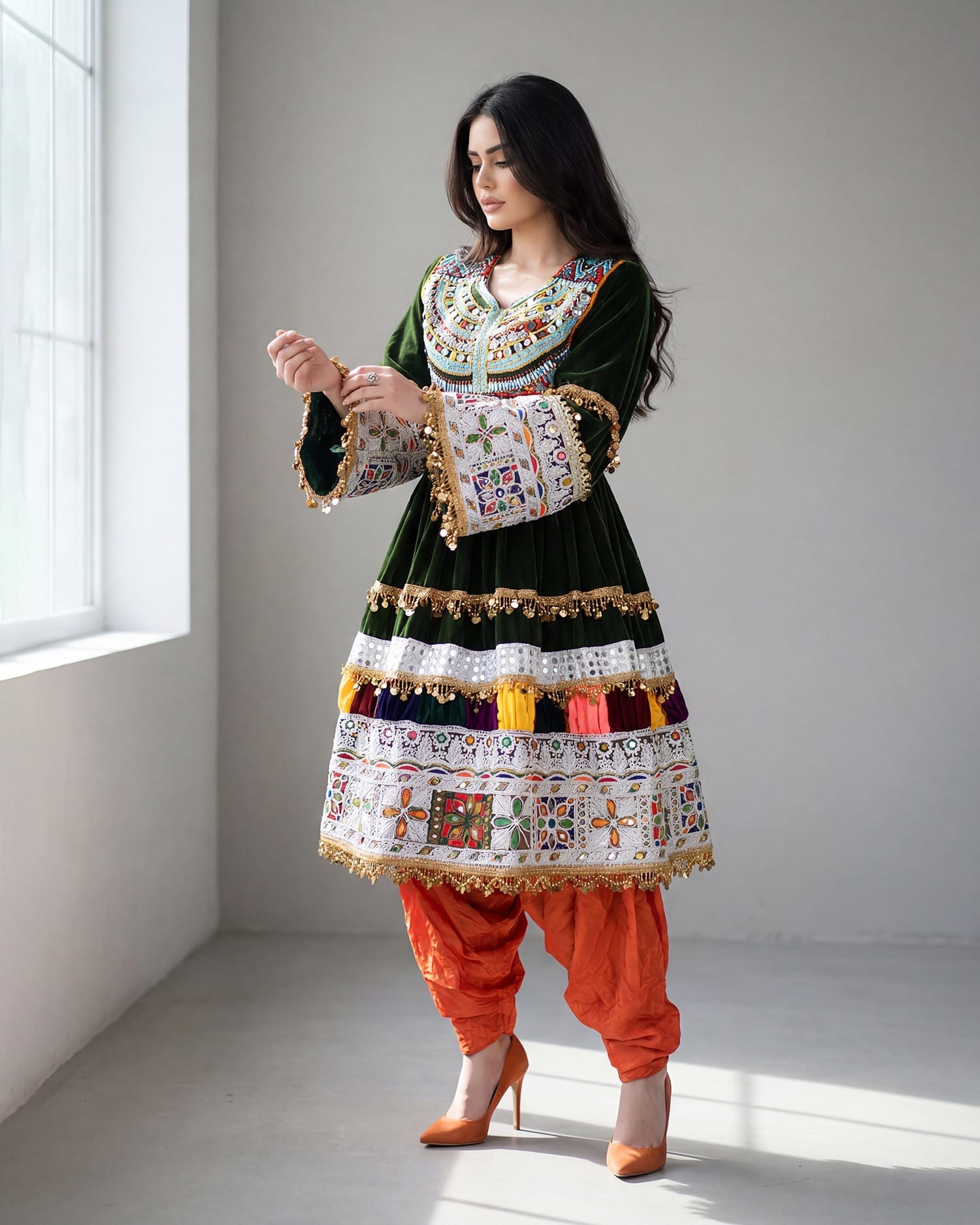 Traditional Afghan Dress – Premium Velvet Embroidered Gand for Weddings | Aseel