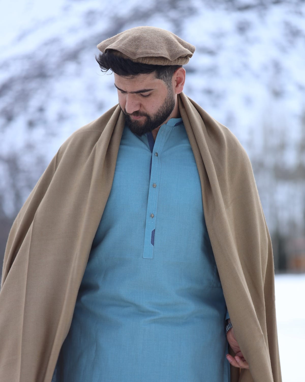 Sky Blue Afghan men clothes with Afghan Patu  – Charsada Wool Kashmiri & Premium Fabric for Men