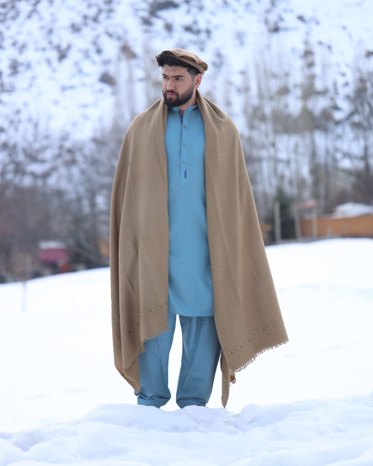 Sky Blue Afghan men clothes with Afghan Patu  – Charsada Wool Kashmiri & Premium Fabric for Men