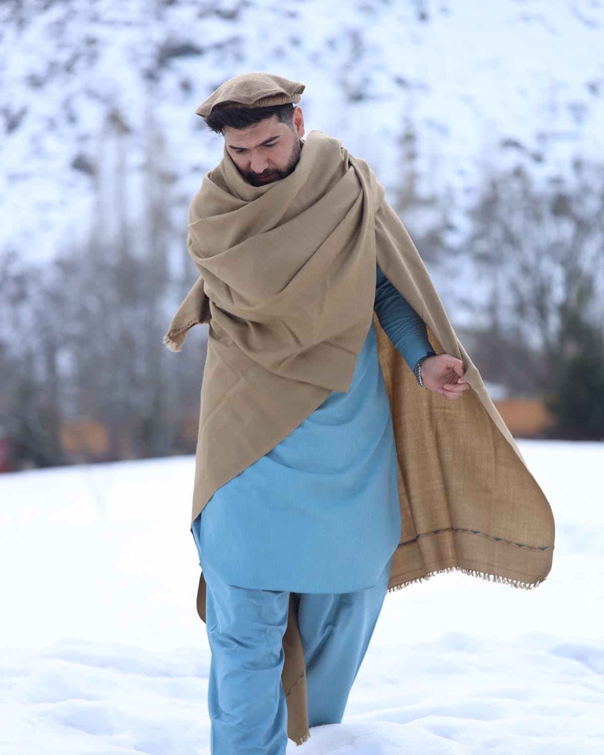 Sky Blue Afghan men clothes with Afghan Patu  – Charsada Wool Kashmiri & Premium Fabric for Men