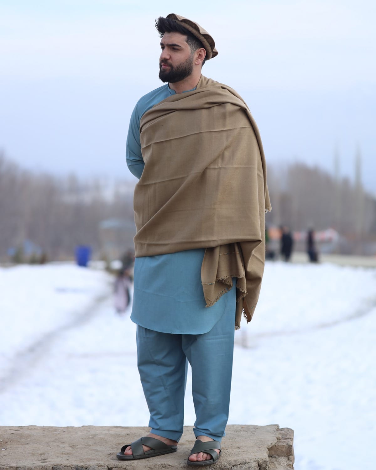 Sky Blue Afghan men clothes with Afghan Patu  – Charsada Wool Kashmiri & Premium Fabric for Men