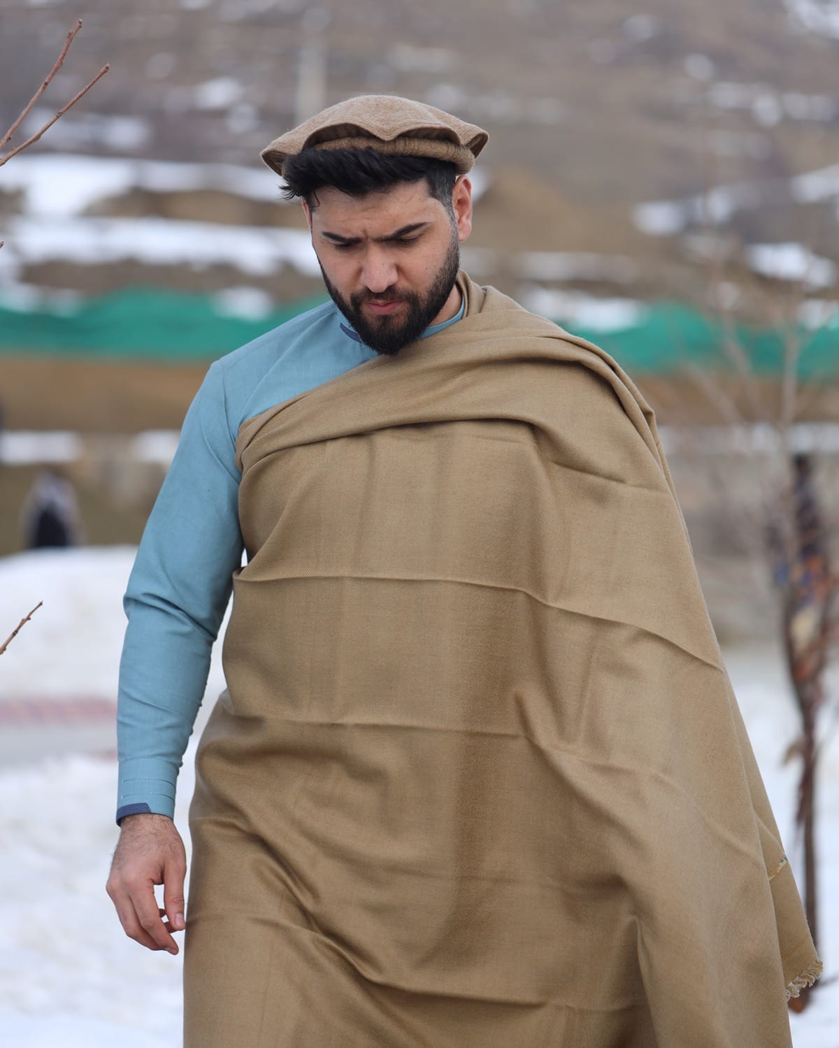 Sky Blue Afghan men clothes with Afghan Patu  – Charsada Wool Kashmiri & Premium Fabric for Men