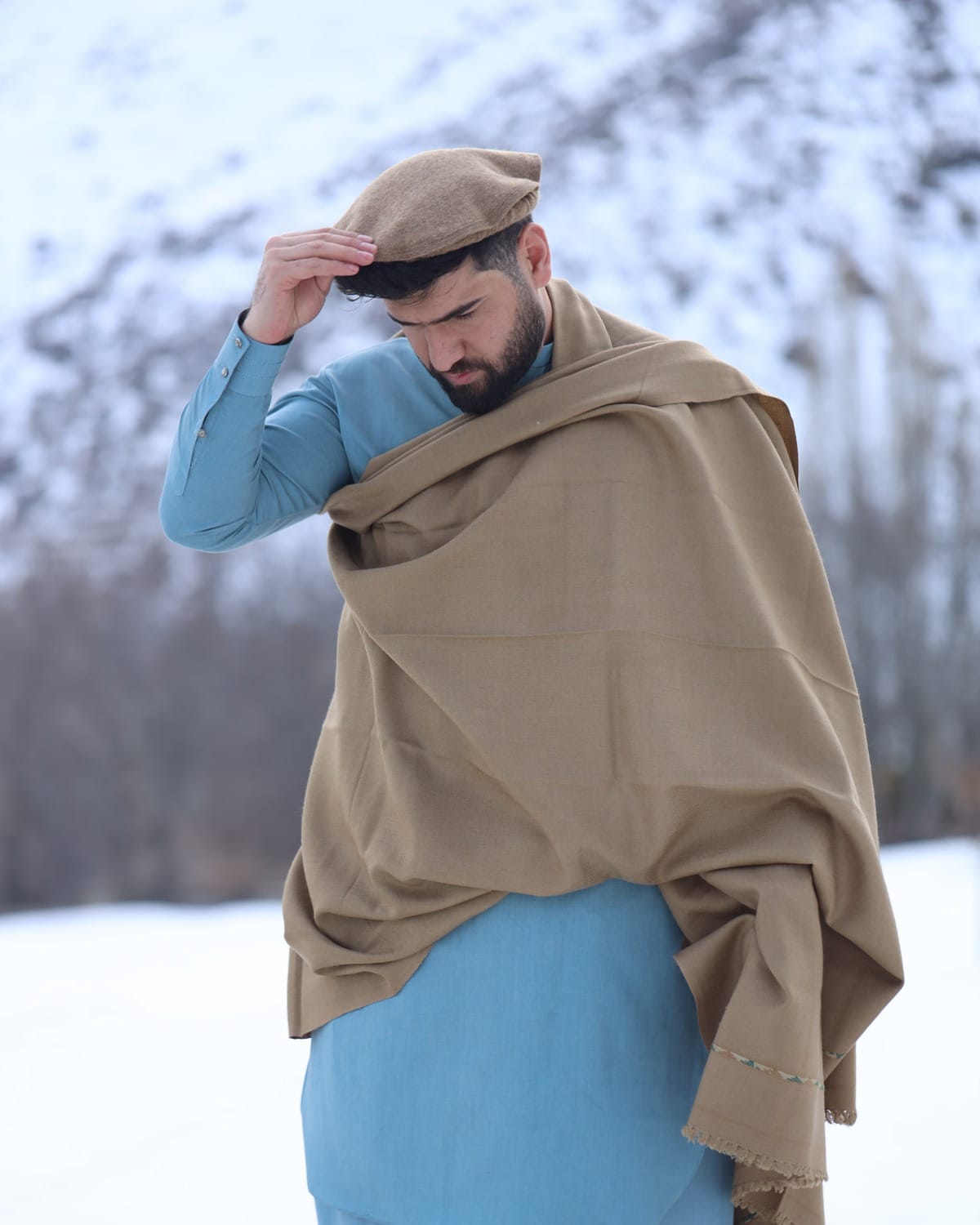 Sky Blue Afghan men clothes with Afghan Patu  – Charsada Wool Kashmiri & Premium Fabric for Men