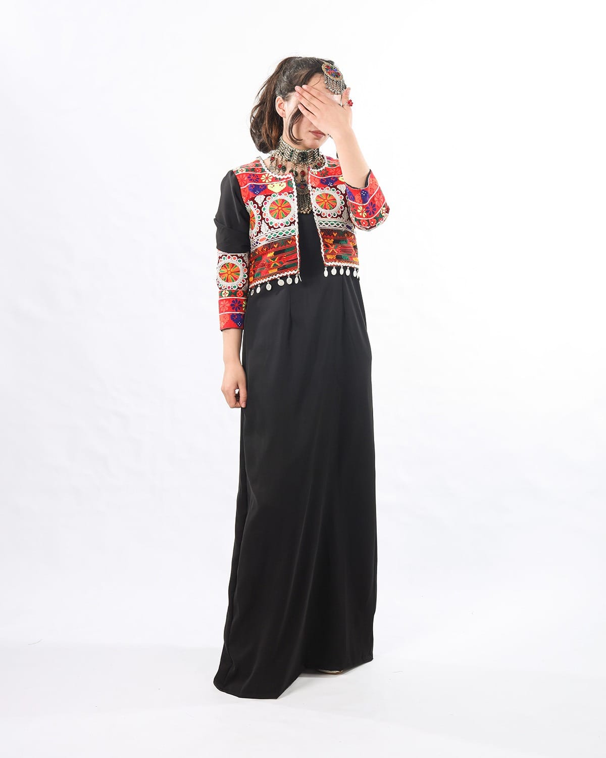 Traditional Afghan Dress Set-Handwoven Cropped Jacket & Black Maxi Dress with Afghan Embroidery