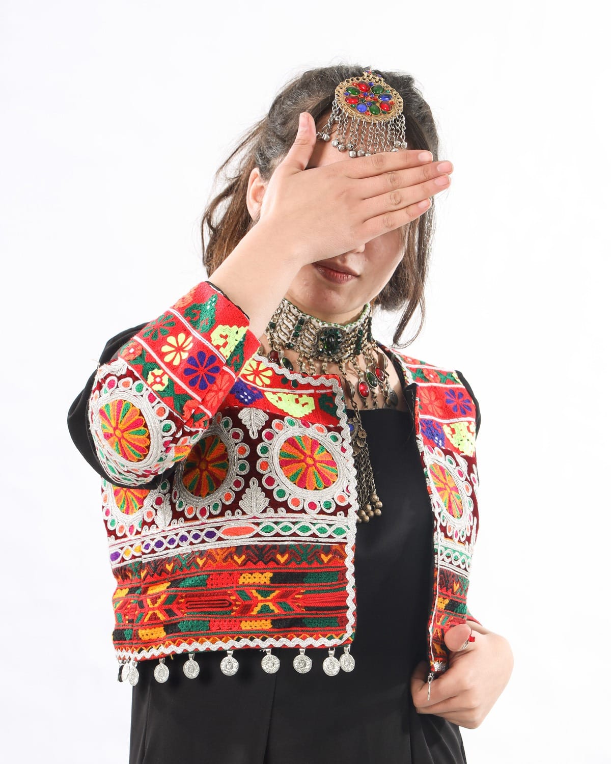 Traditional Afghan Dress Set-Handwoven Cropped Jacket & Black Maxi Dress with Afghan Embroidery