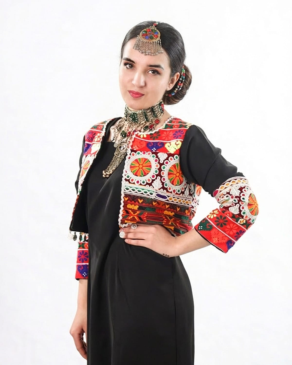 Traditional Afghan Dress Set-Handwoven Cropped Jacket & Black Maxi Dress with Afghan Embroidery